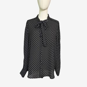 Who What Wear Black White Polka Dot Tie Neck Blouse XL Long Sleeve Office